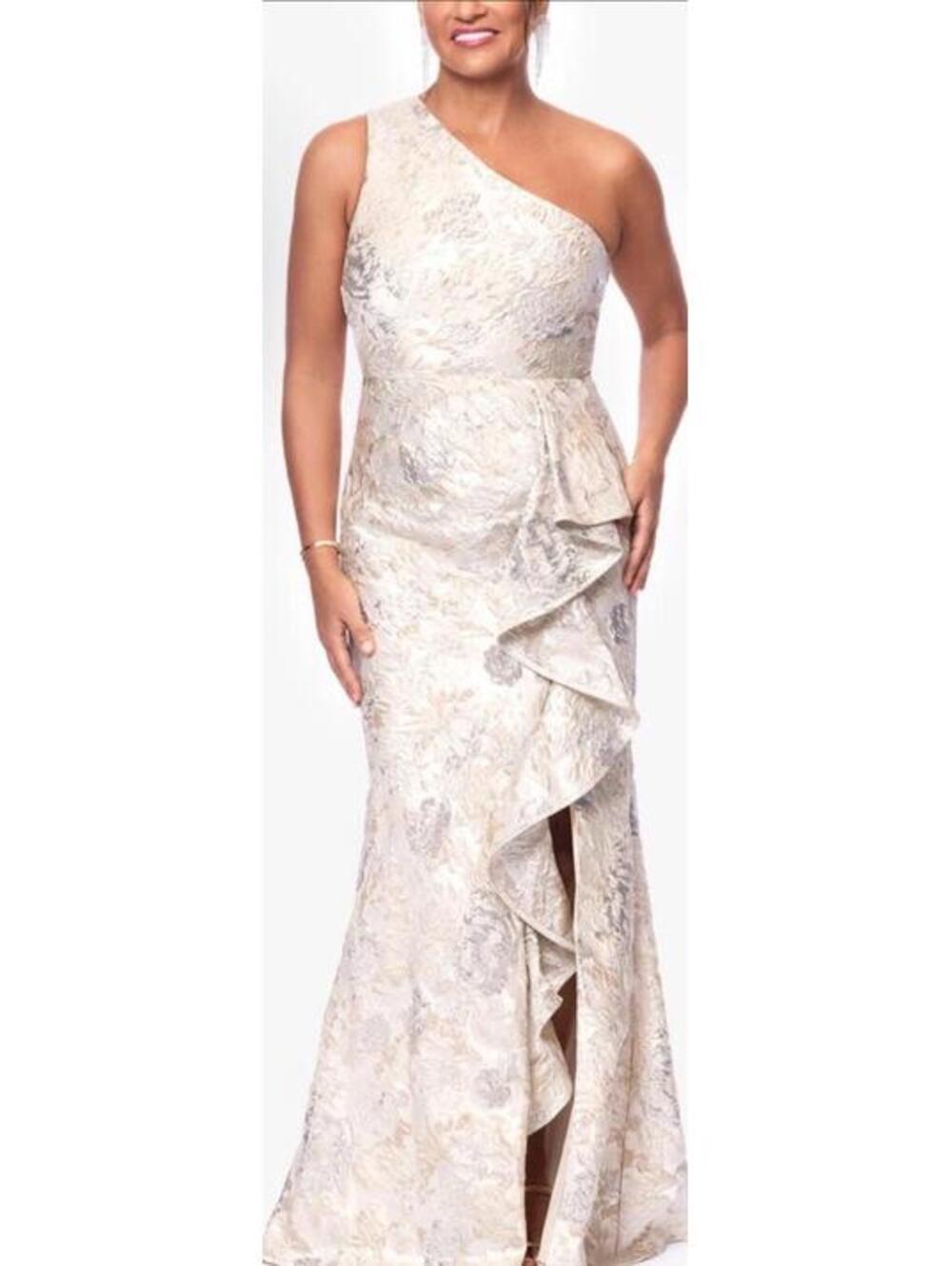 Xscape Evenings Metallic Floral Jacquard One-Shoulder Sheath Gown Champagne 10